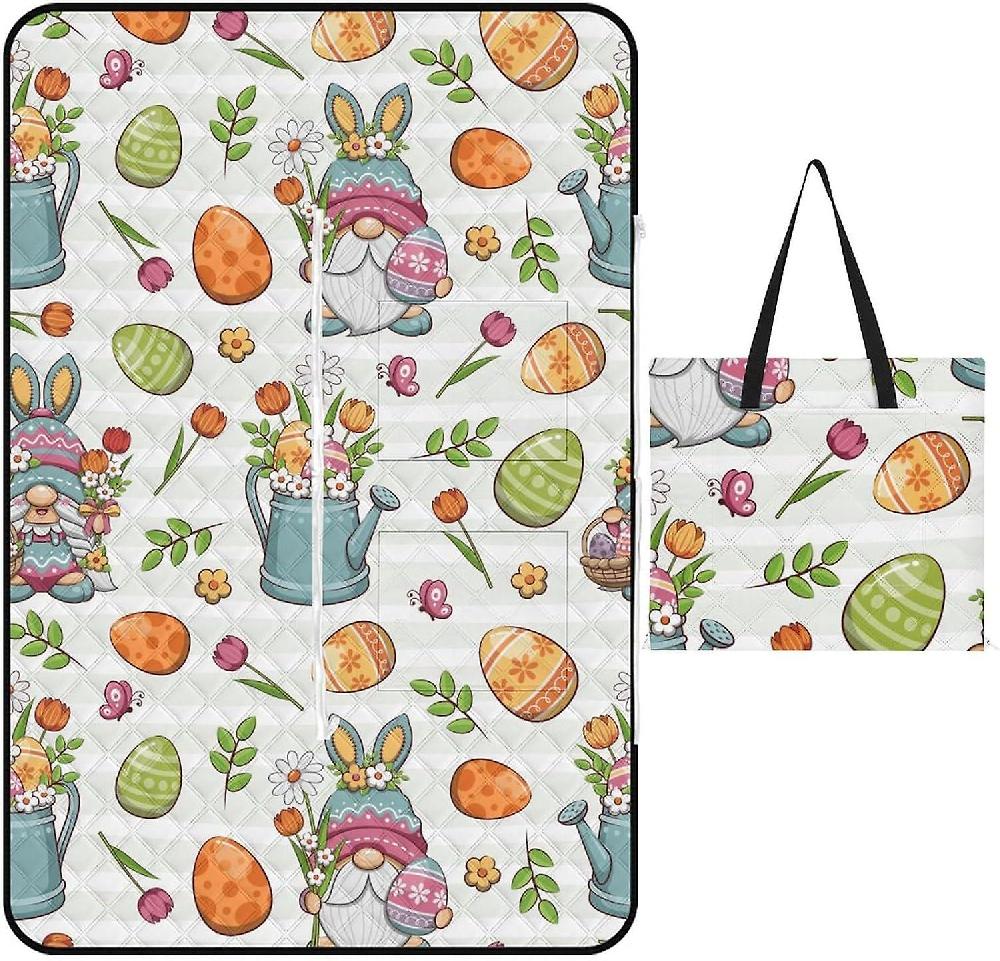 EDGFEWWOI626Happy Easter Blue Picnic Blanket Outdoor Camping Mat Foldable Portable Tote Bag 3-Layer Waterproof Backing for Outdoors Concerts Beach Pa Duty-free