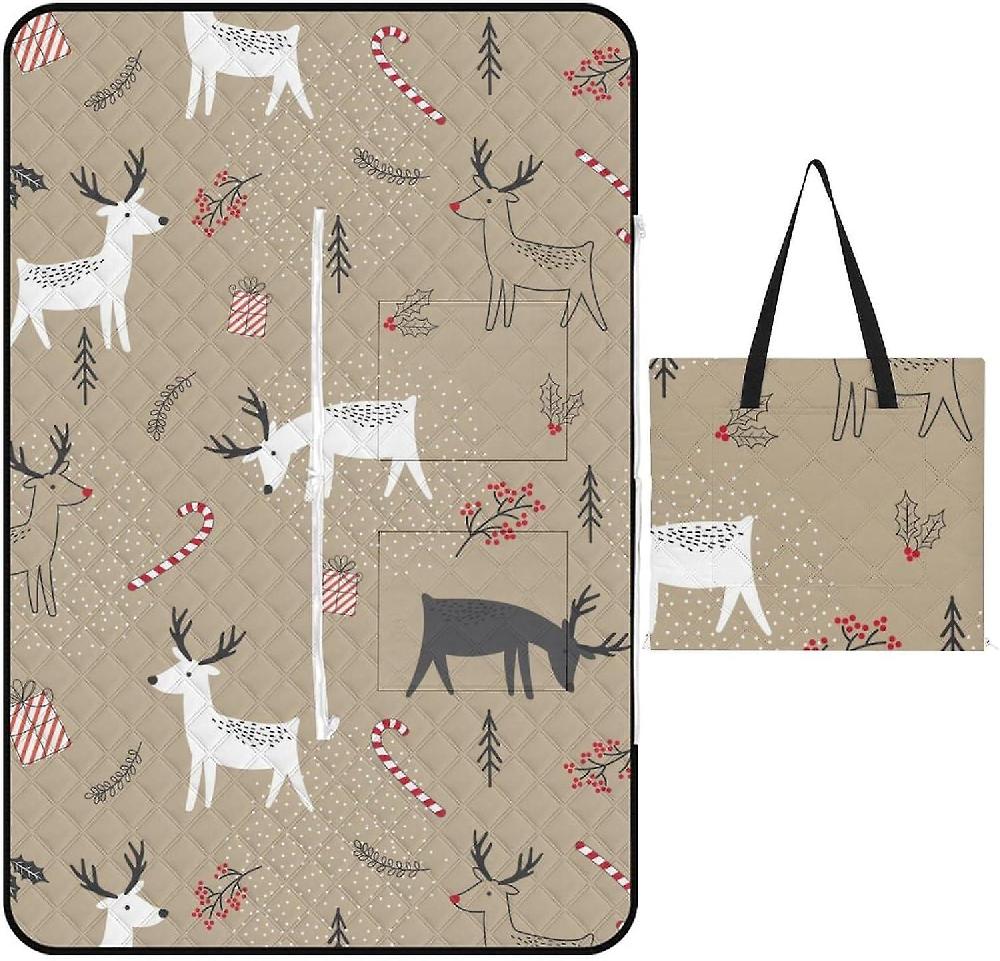 EDGFEWWOI60Pink-Christmas Cute Picnic Blanket Outdoor Camping Mat Foldable Portable Tote Bag 3-Layer Waterproof Backing for Outdoors Concerts Beach P Vendita