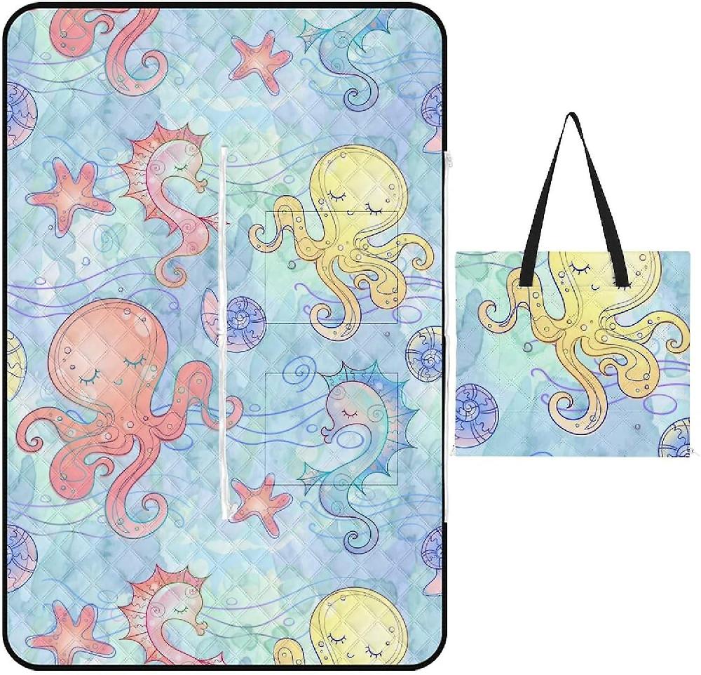 EDGFEWWOI11Seahorse Watercolor Picnic Blanket Outdoor Camping Mat Foldable Portable Tote Bag 3-Layer Waterproof Backing for Outdoors Concerts Beach P Pezzi Unici