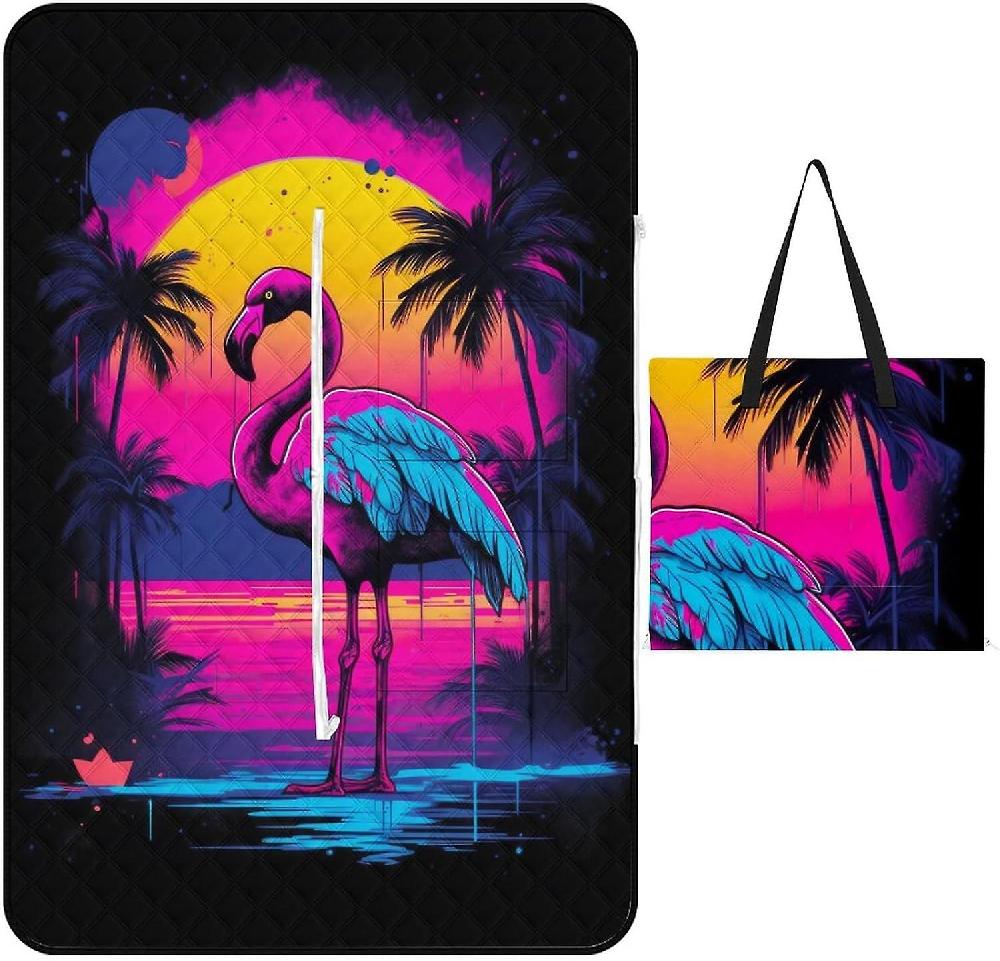 EDGFEWWOI522Pink-Flamingos Picnic Blanket Outdoor Camping Mat Foldable Portable Tote Bag 3-Layer Waterproof Backing for Outdoors Concerts Beach Park Shopping Online