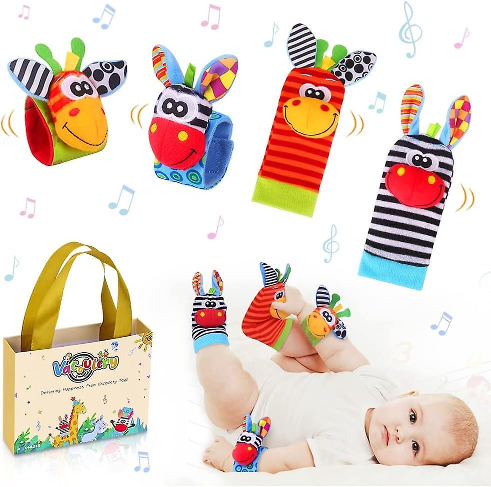 Calzino a sonaglio per bambini e braccialetto giocattolo a sonagli con polso e cercatore di piedi Giocattolo animale neonato morbido e coccolone (2 braccialetti e 2 calzini)