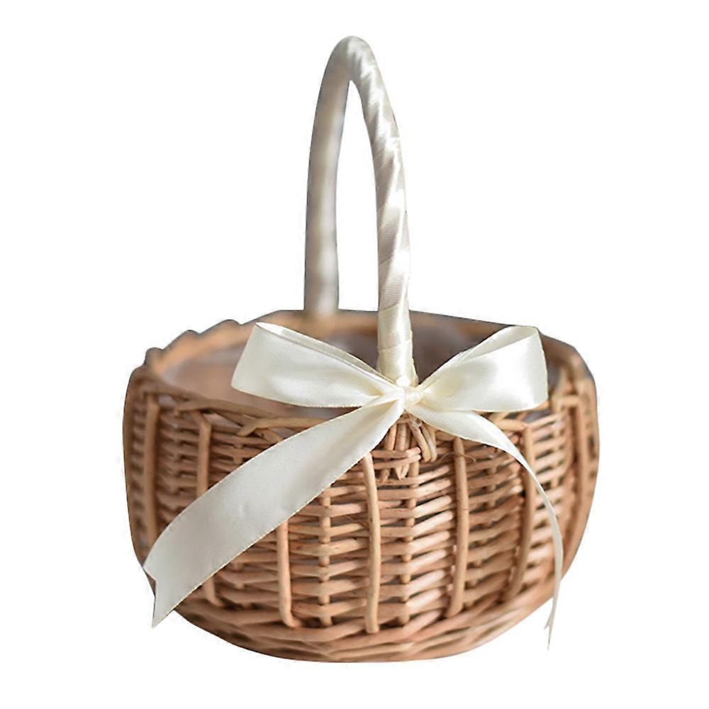Wicker Woven with Handle and White Ribbon Wedding Flower Girl Baskets Garden Decoration(L)
