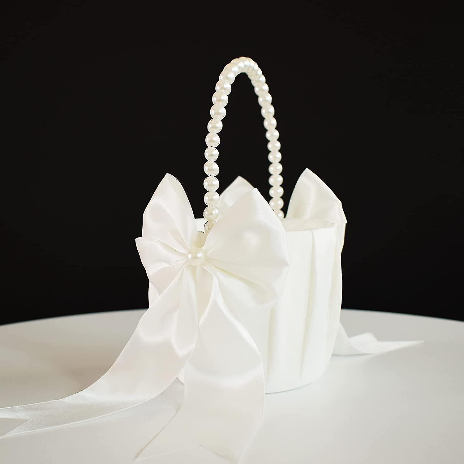 Flower Girl Basket With Pearl Handle Ivory Fariy Wedding Baskets For Flower Girls Prezzo Ridotto