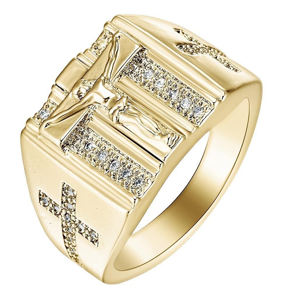 Men's Ring Cross Ring Plated 18k Yellow Gold Jesus Inlaid Diamond Jewelry Offerta