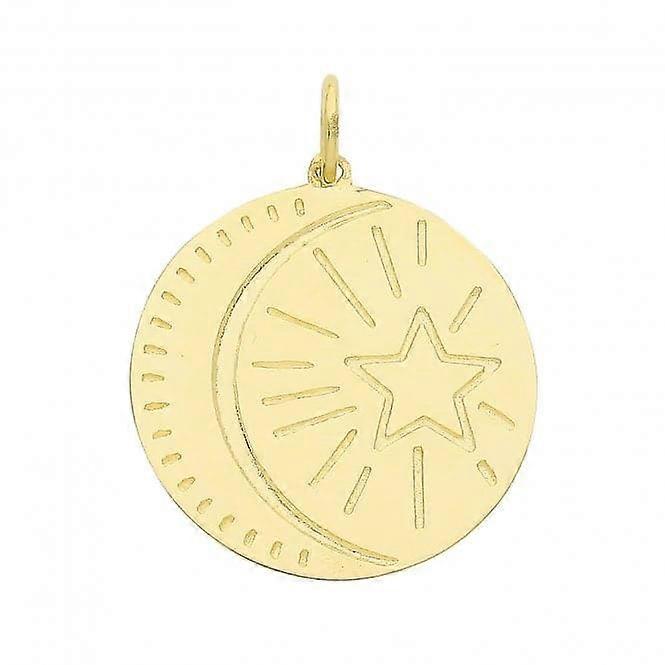 9ct Yellow Gold Moon And Star Disk Pendant PN1234 Offerta Giorno del Papà