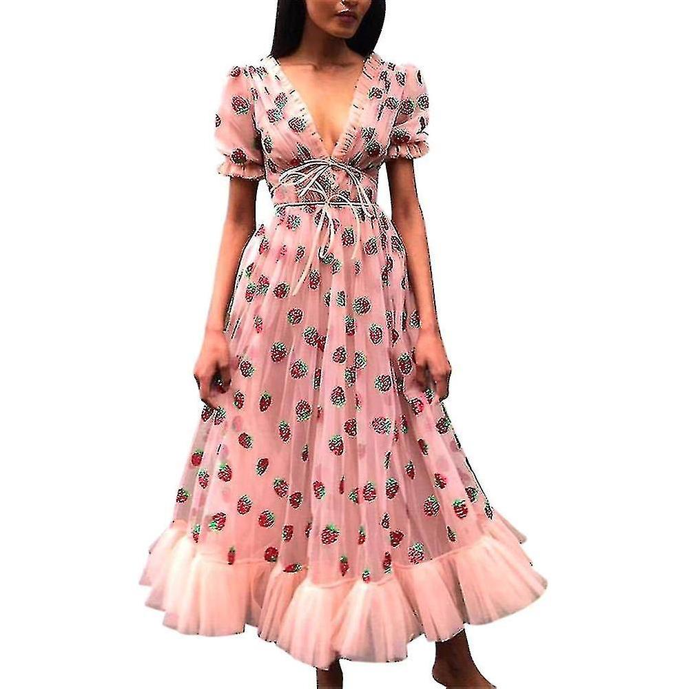 Moda donna Fragola Stampa Deep V Manica Corta Mesh Cocktail Party Dress