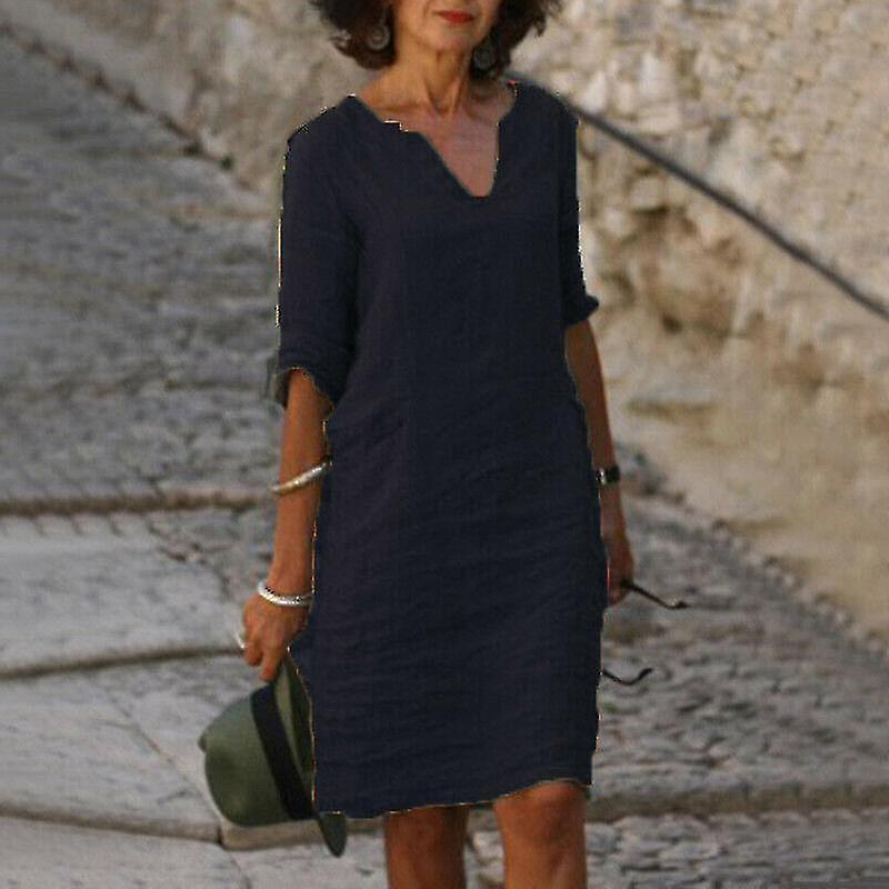 Donna manica corta cotone lino Midi Dress Ladies Solid V Neck Baggy Sundress-9 Qualità