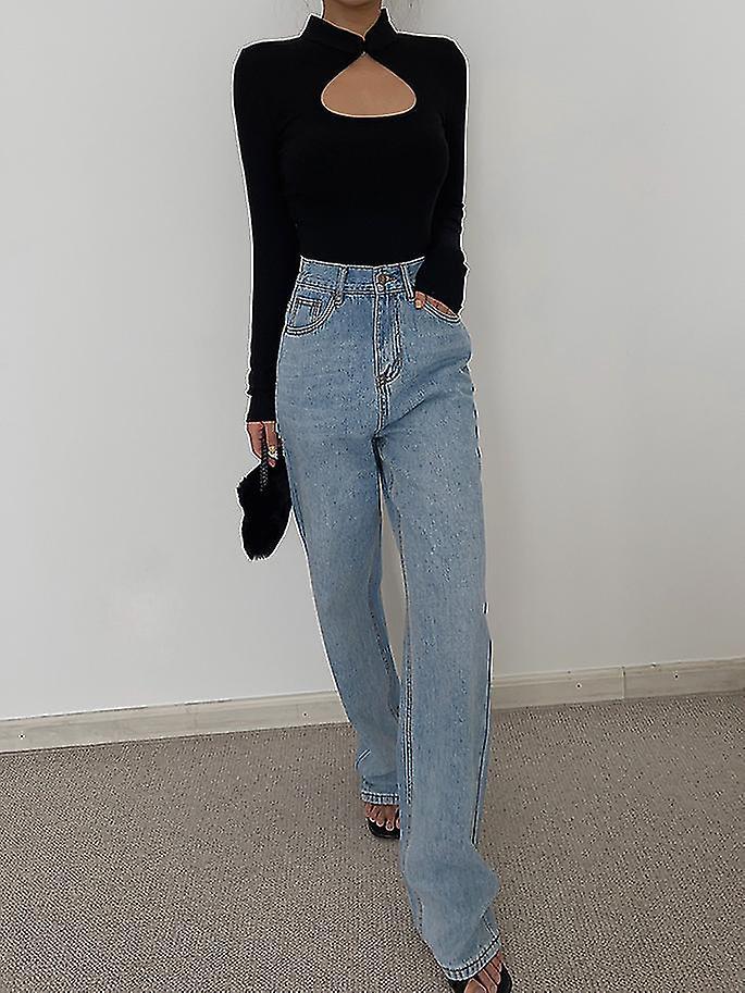Yougang High Quality Deep Sea Blue High Waist Small Wide Leg Jeans Women's 2022 Autumn New Loose Straight Pants In vendita