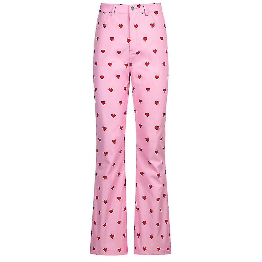 Women Harajuku High Waist Pink Pants Sweet Red Heart Print Polka Dot Trousers Vintage Flare Bell Bottom Casual Loose Streetwear With Pockets Pezzi Unici
