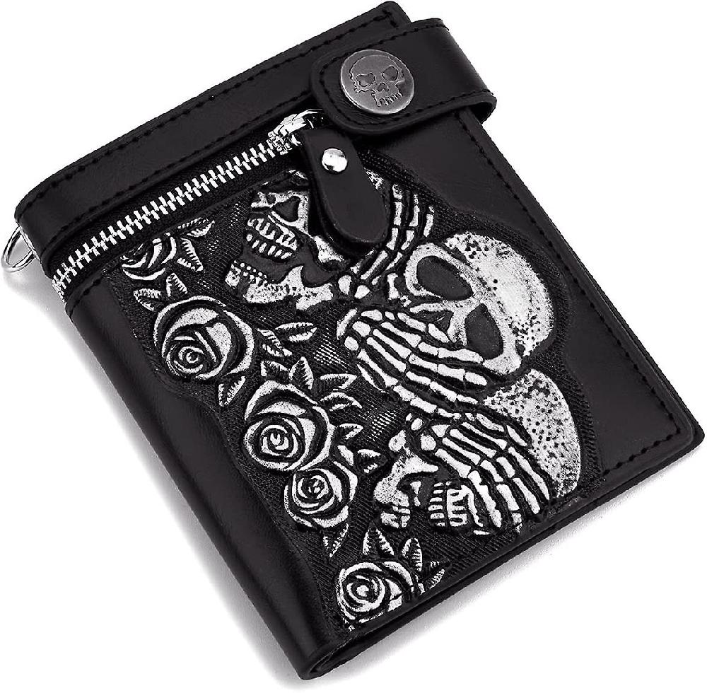 Portafoglio da uomo Punk Rocker Skull in similpelle con catena nera (4 7 pollici) Vendita Economica