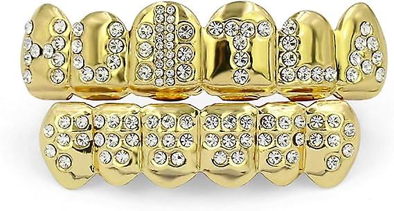 18k Plated Gold Grills Teeth Grillz Iced Out Hip Hop Poker Diamond Top Bottom Face Grills For Teeth Rapper Costume Cosplay Black Friday