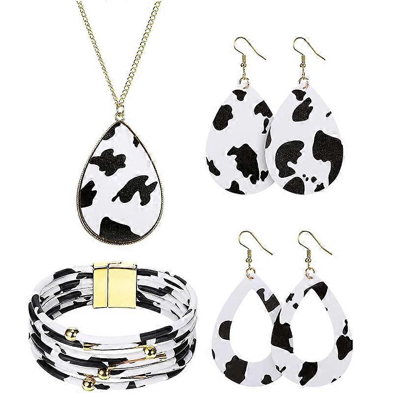 4 Pcs Cow Print Jewelry Set Cow Print Accessories for Women Cow Print Earrings Pendant Necklace Black and White Multi Layer Bracelet Bestseller
