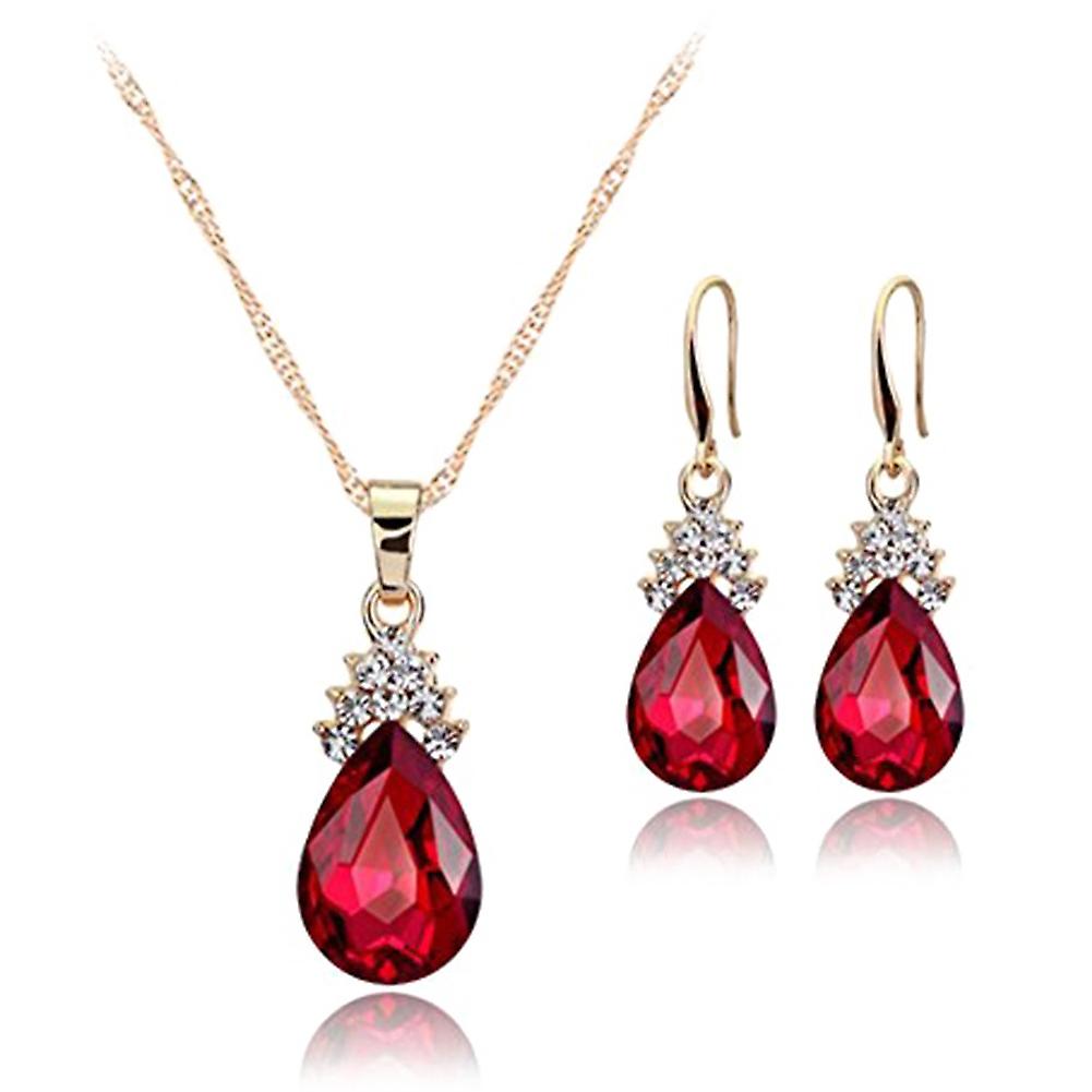Necklace Earrings Diamond Water droplets Elegant Women Jewellery Set of Crystal Pendant Necklace+Earrings(red) Super Saving Price