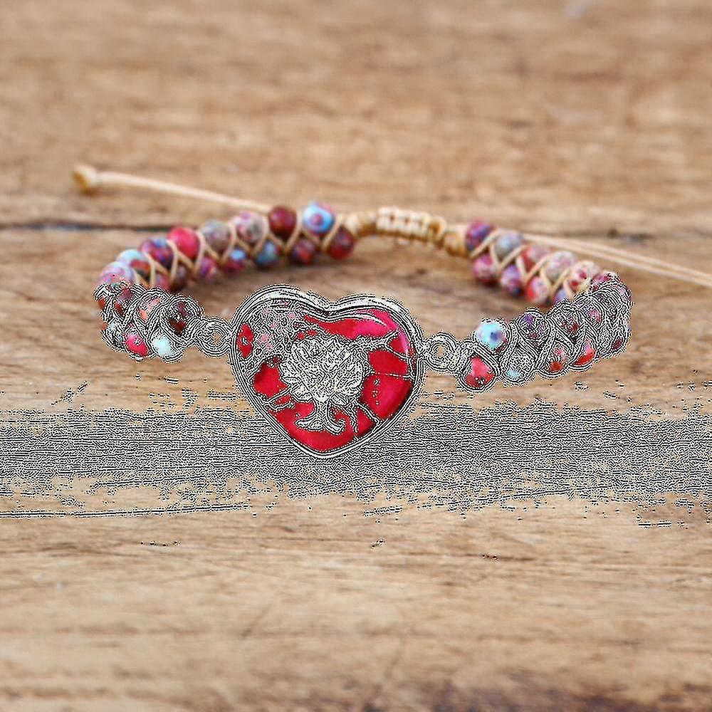 Red Imperial Japser Heart Shape Tree of Life Braid Bracelet for Women Handmade National Stone Beaded Bohemia Bracelet Gift
